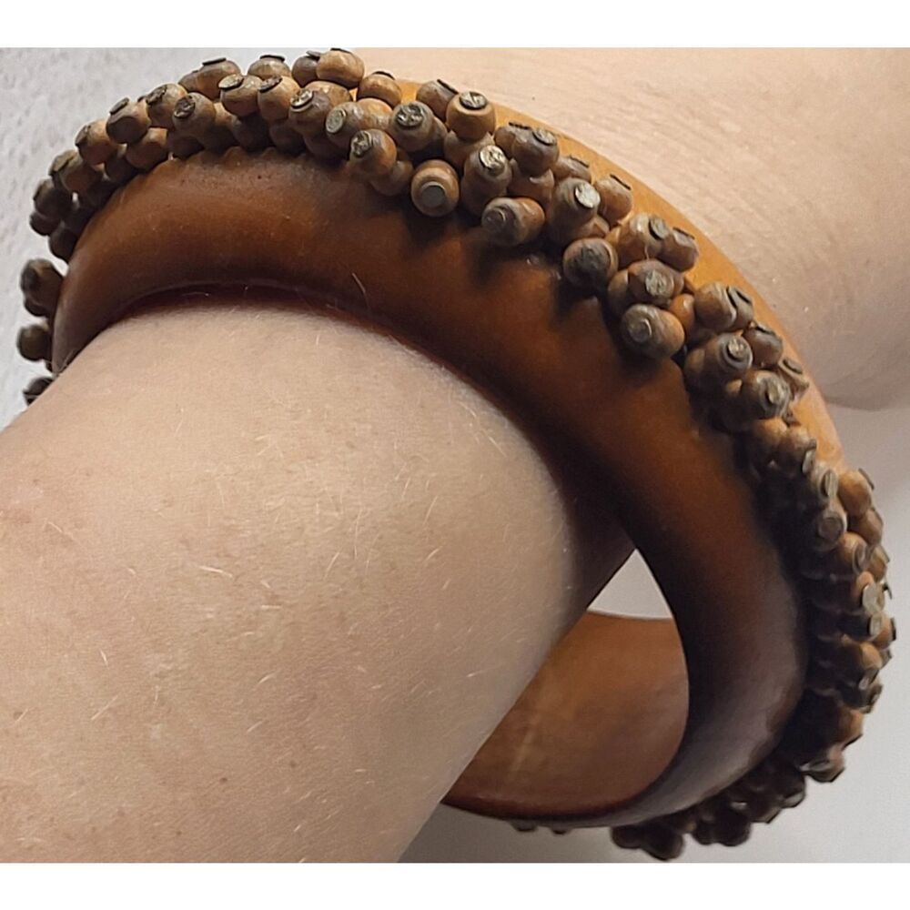 Rare Estate Bohemian Wood Brass Textured Bangle Bracelet 2.75in dia 1.25in wide